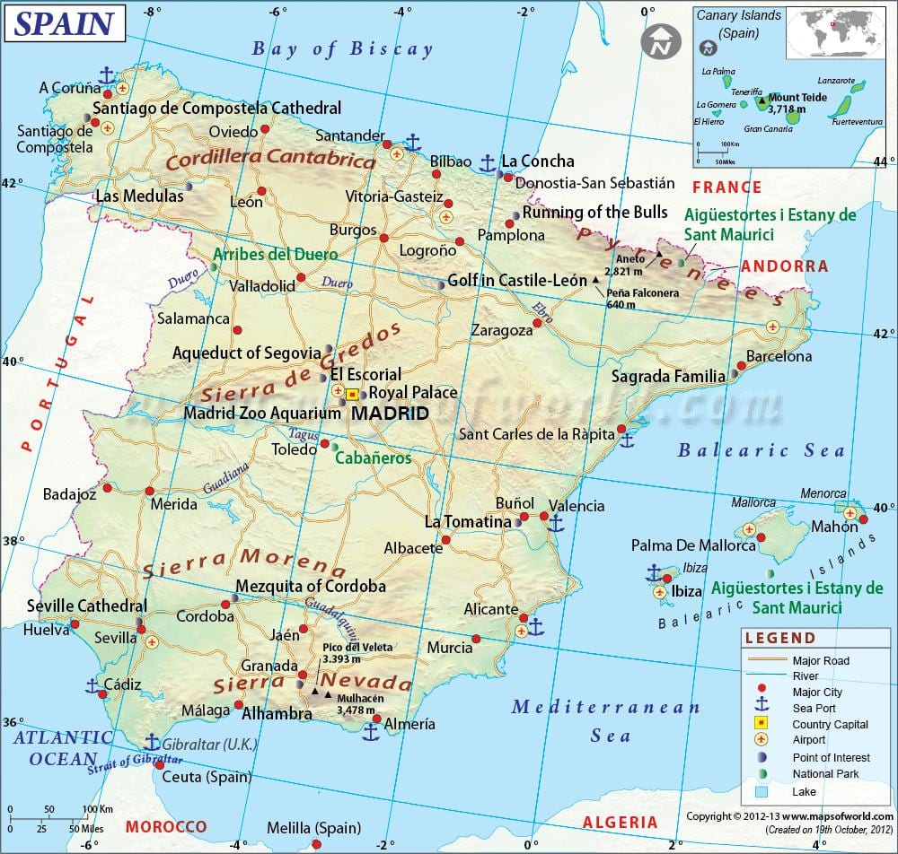 mappa della Spagna che mostra le principali città