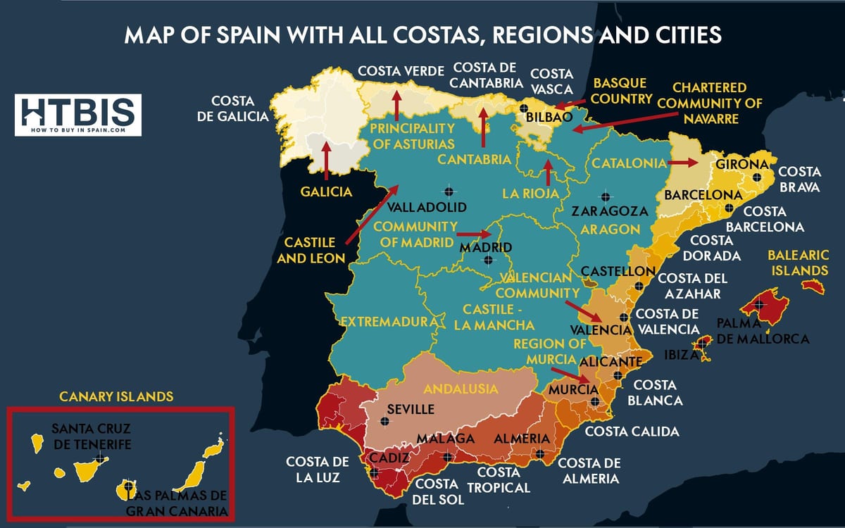 mappa di sud della Spagna, la costa