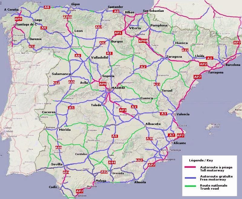 mappa di Spagna autostrada