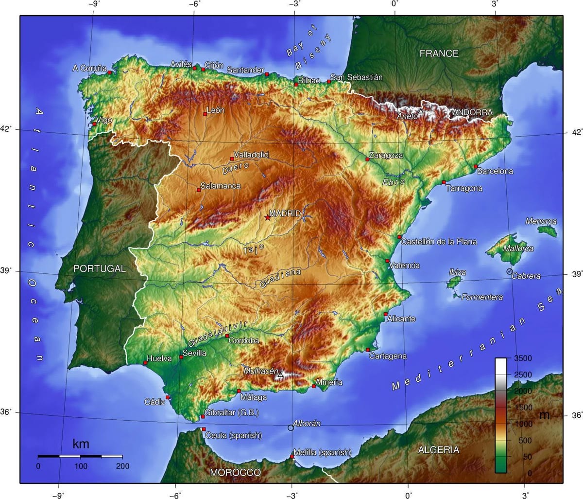 mappa di Spagna elevazione