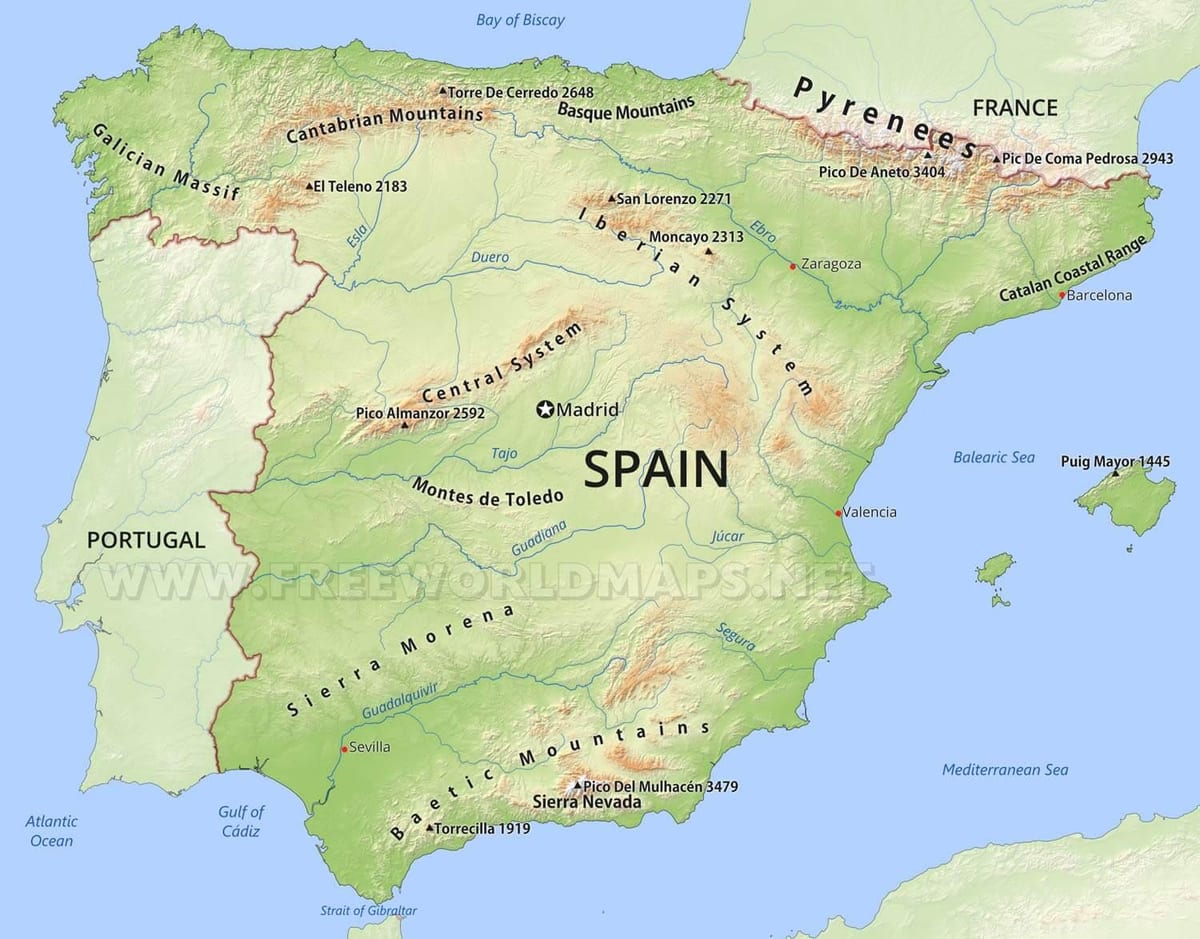 mappa di Spagna montagne