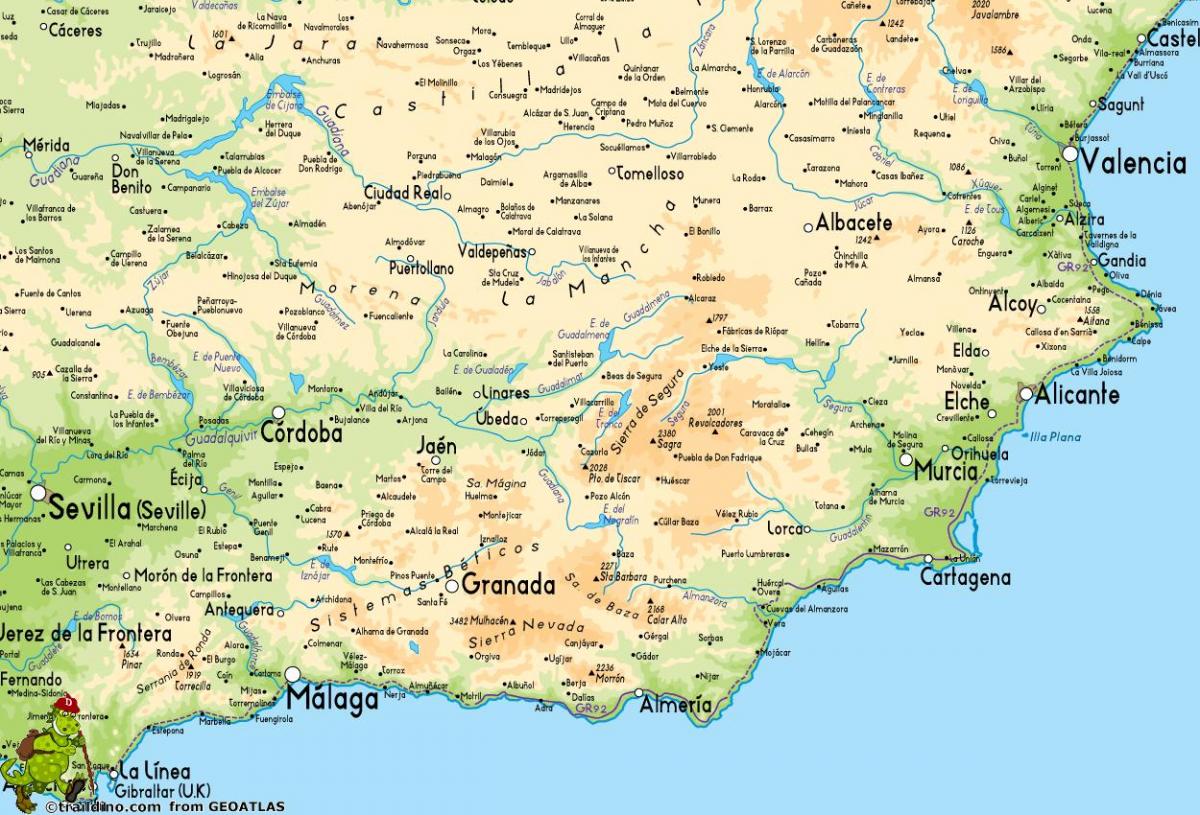 Sud della Spagna mappa - Cartina della Spagna del sud (Europa del Sud